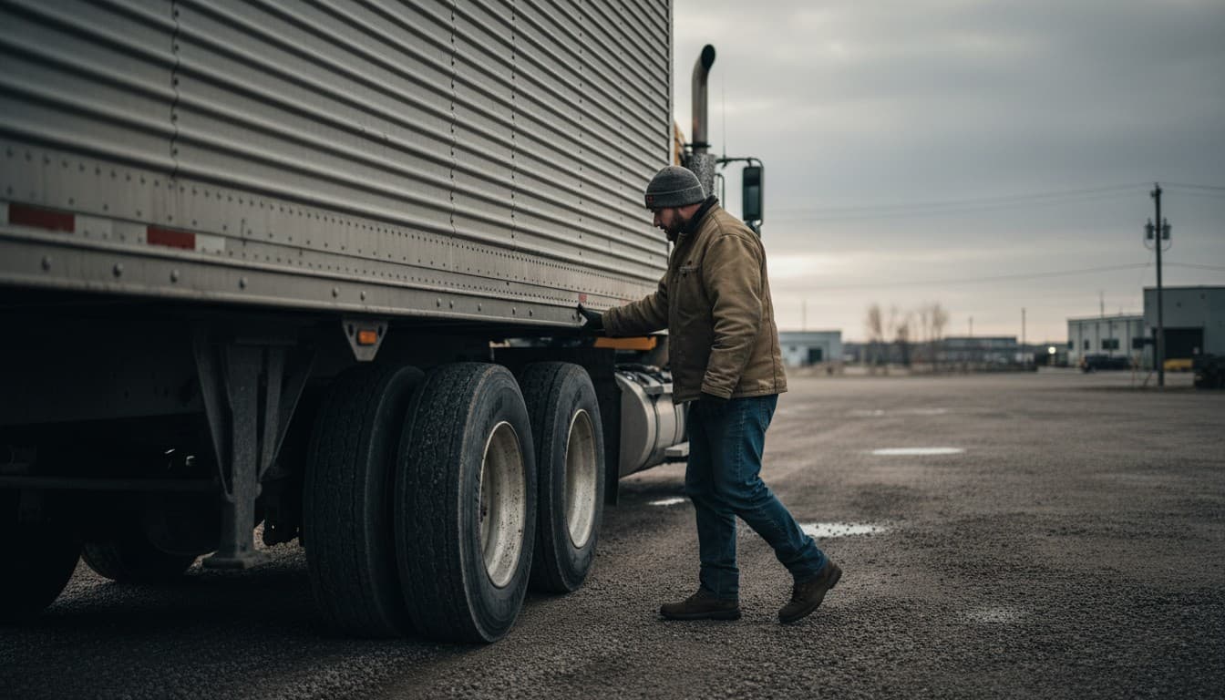 A driver walking the length of a tractor-trailer in a gravel yard at first light, one hand on the trailer, looking down the line of tires and running gear.