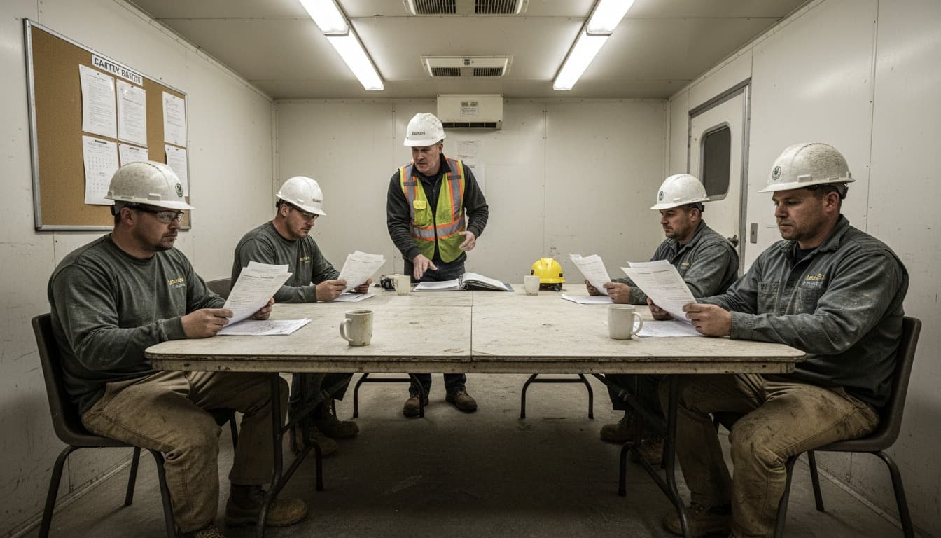 A supervisor leads a toolbox meeting in a site trailer, workers seated around a table each holding a printed sheet of audit questions, a binder and coffee cups on the table.