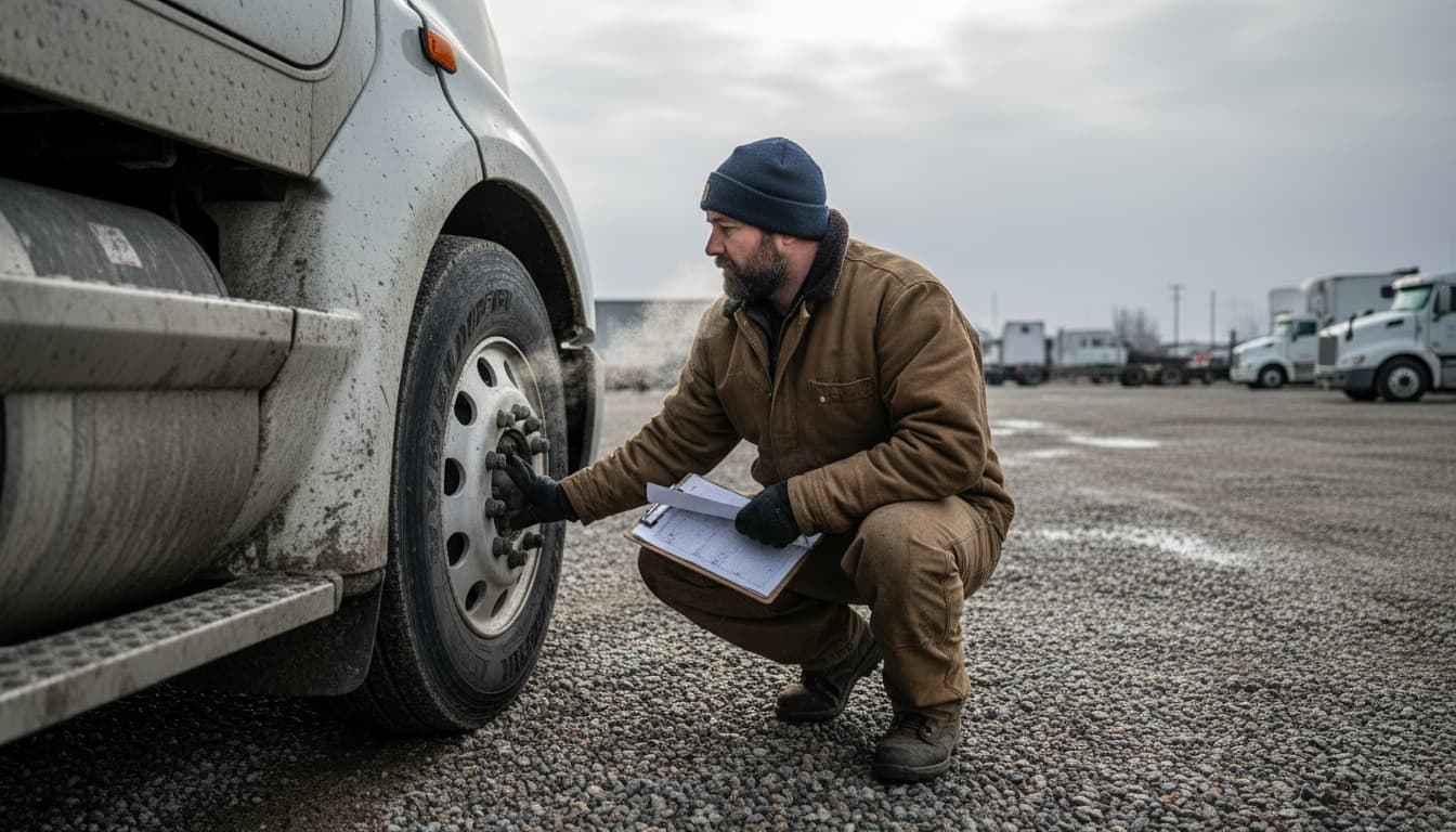 A commercial truck driver in a worn work jacket and toque crouched at the front steer tire of a tractor-trailer in a gravel yard on an overcast morning, a clipboard under one arm, checking the rim and lug nuts.