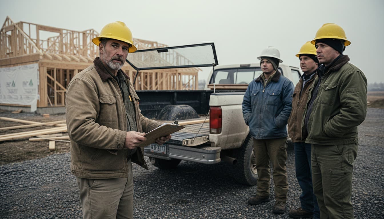 A construction supervisor in a hard hat holds a hazard assessment clipboard and briefs three workers at the tailgate of a pickup on an overcast morning, a wood-frame house going up behind them.