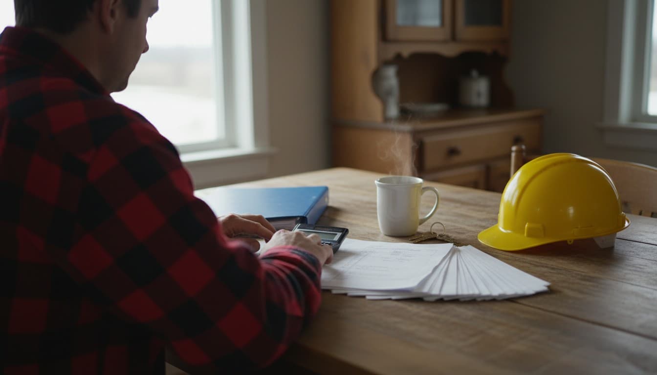 Seen over the shoulder, a contractor in a plaid work shirt works a calculator at a kitchen table beside a binder, a spread of paperwork, a coffee mug and a hard hat.