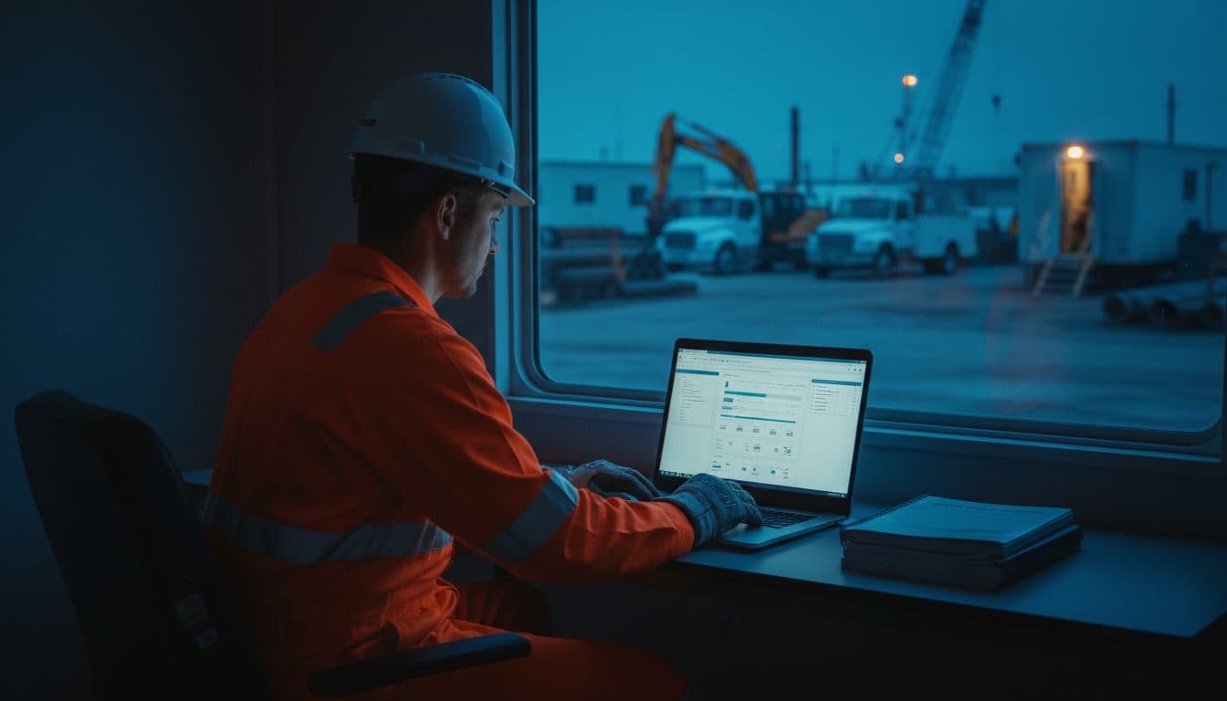 A safety supervisor in hi-vis coveralls reviewing a contractor compliance dashboard on a laptop in a site office at dusk.
