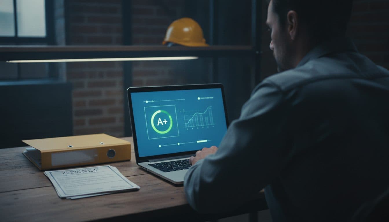A contractor at a desk reviewing a compliance grade dashboard with a green status indicator beside an insurance certificate and a safety manual.