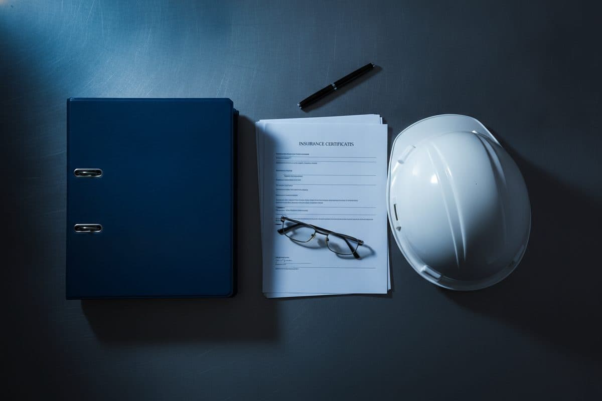 A safety program binder, stacked insurance certificates, and a hard hat on a desk under a single cool light.