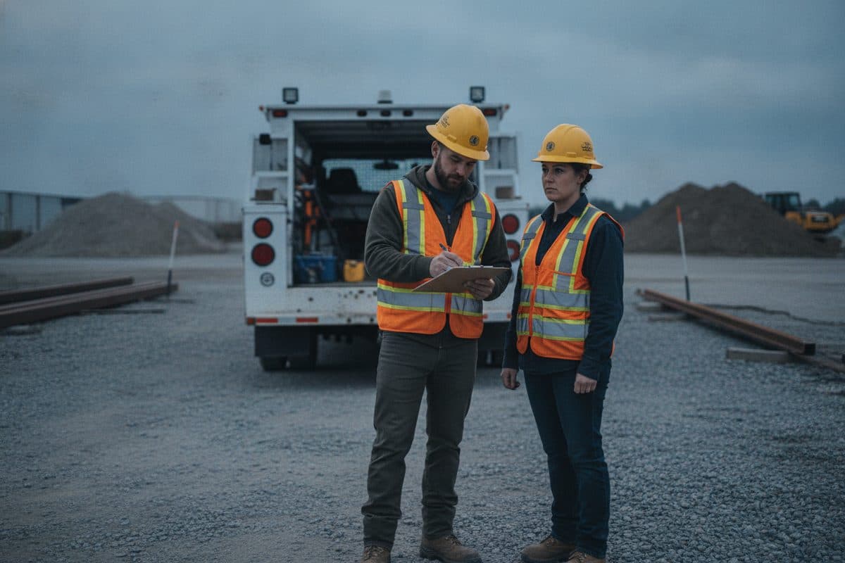 Two workers in hi-vis and hard hats at a jobsite toolbox meeting, one signing a training record on a clipboard.