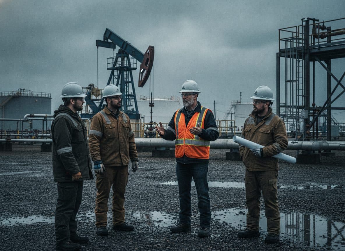 Safety advisor talking with a small crew at a Western Canadian industrial work site.