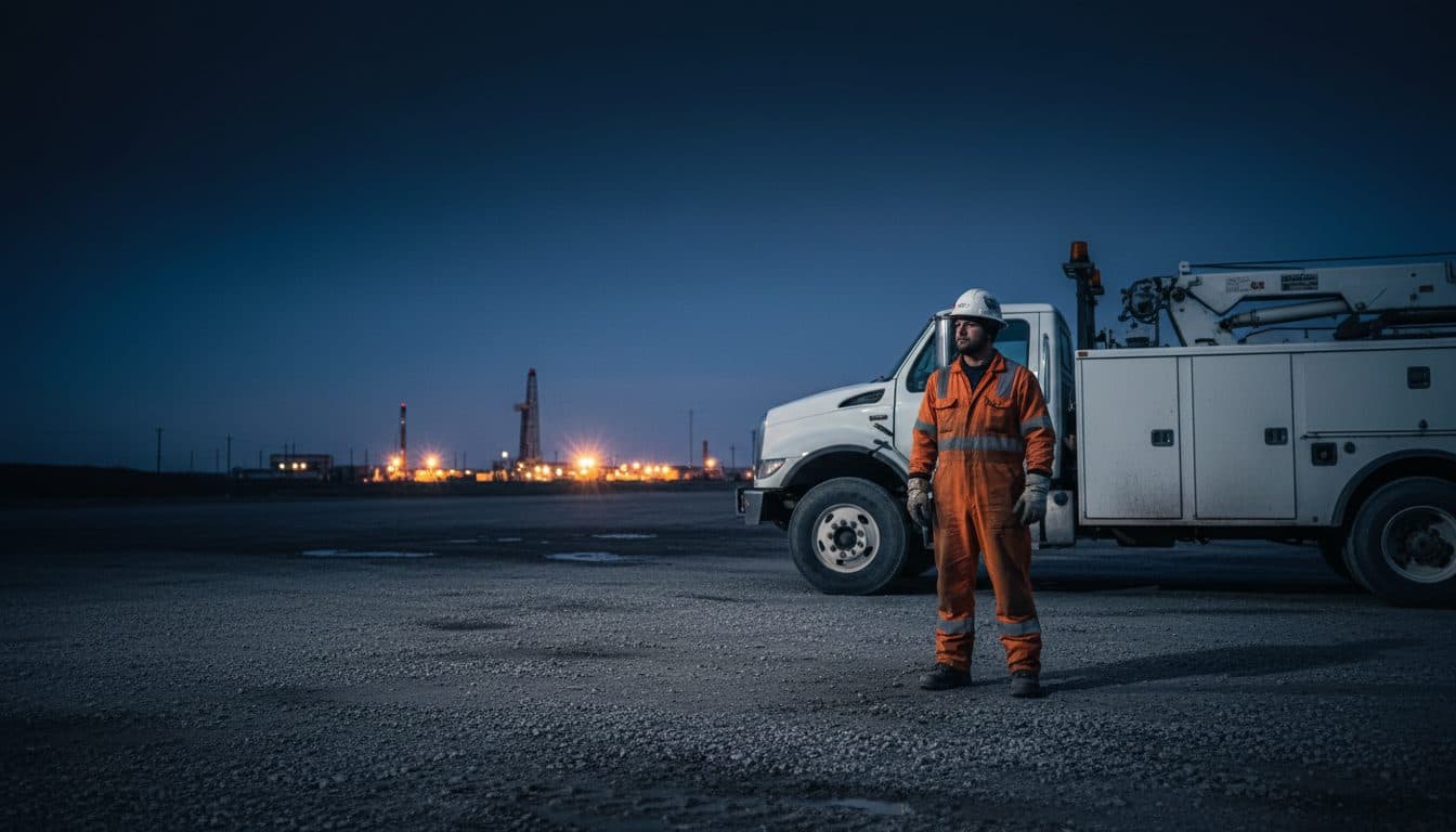 Western Canadian oilfield service contractor in hi-vis beside a service truck in a gravel yard at blue hour.