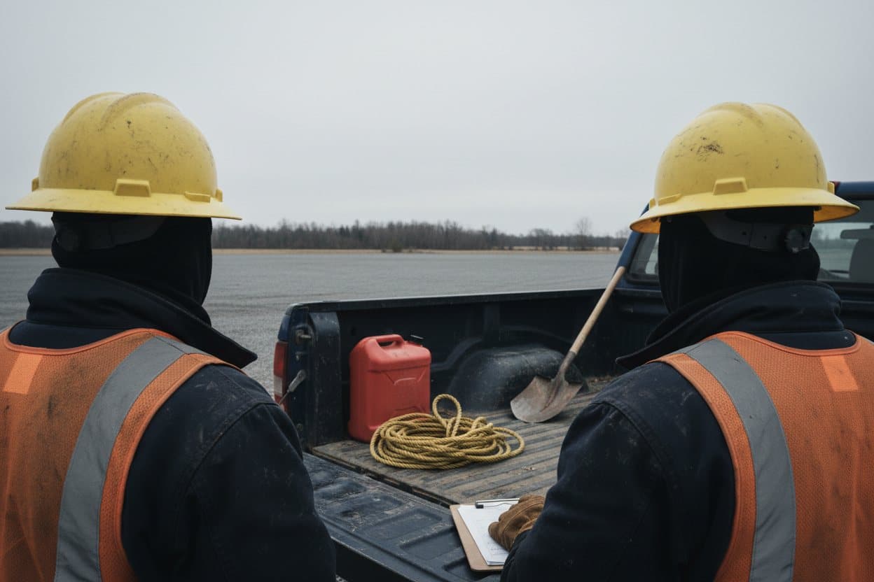 Two workers in hard hats and hi vis vests seen from directly behind at the open tailgate of a pickup, a clipboard in front of them and coiled rope, a gas can and a shovel in the truck bed.