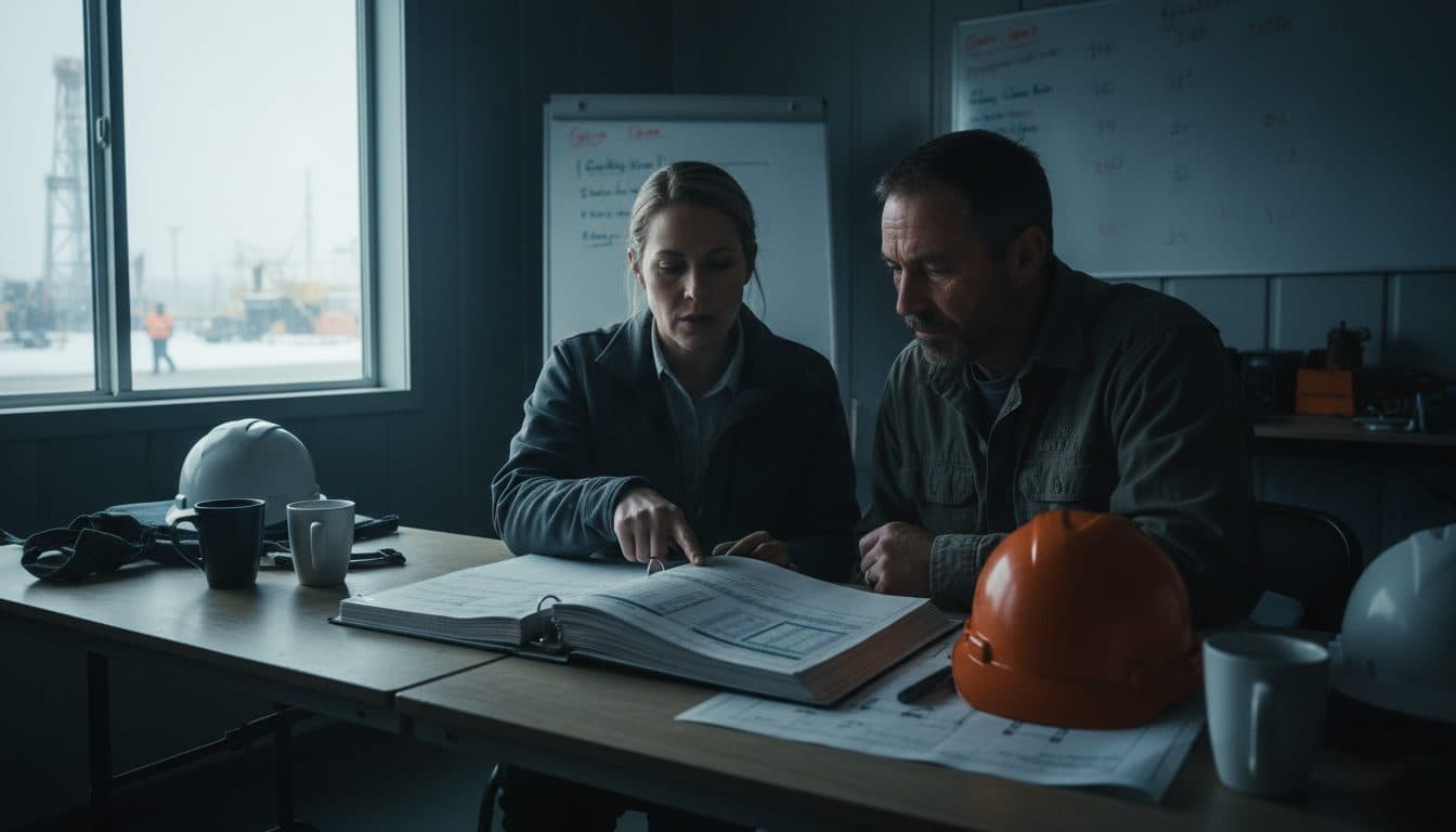 Safety consultant reviewing a safety program with a contractor owner in a site office.
