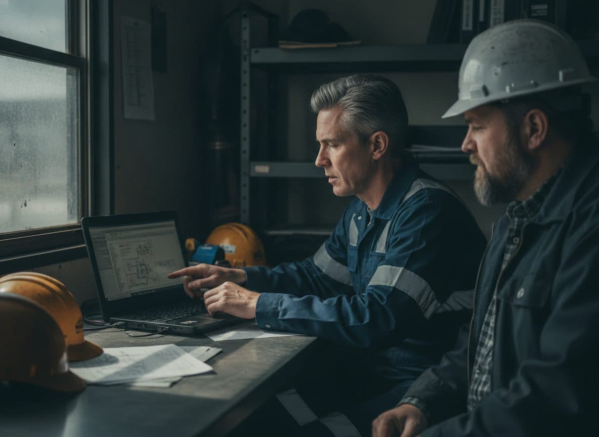 Safety consultant reviewing program documents with a contractor owner in a site office trailer.