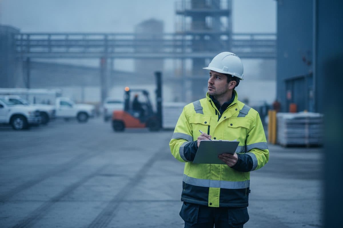 An external safety auditor in hi-vis walking an industrial yard with a clipboard, observing operations.