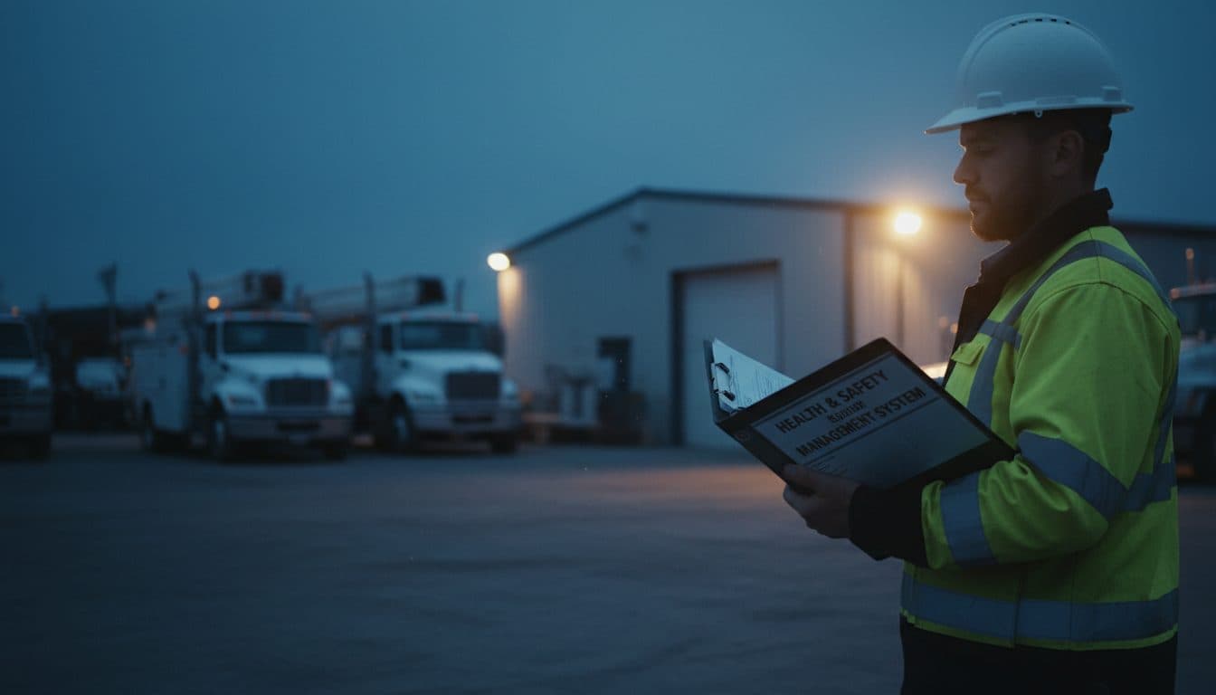 A safety auditor in hi-vis reviewing a health and safety management system binder at an industrial worksite at dusk.