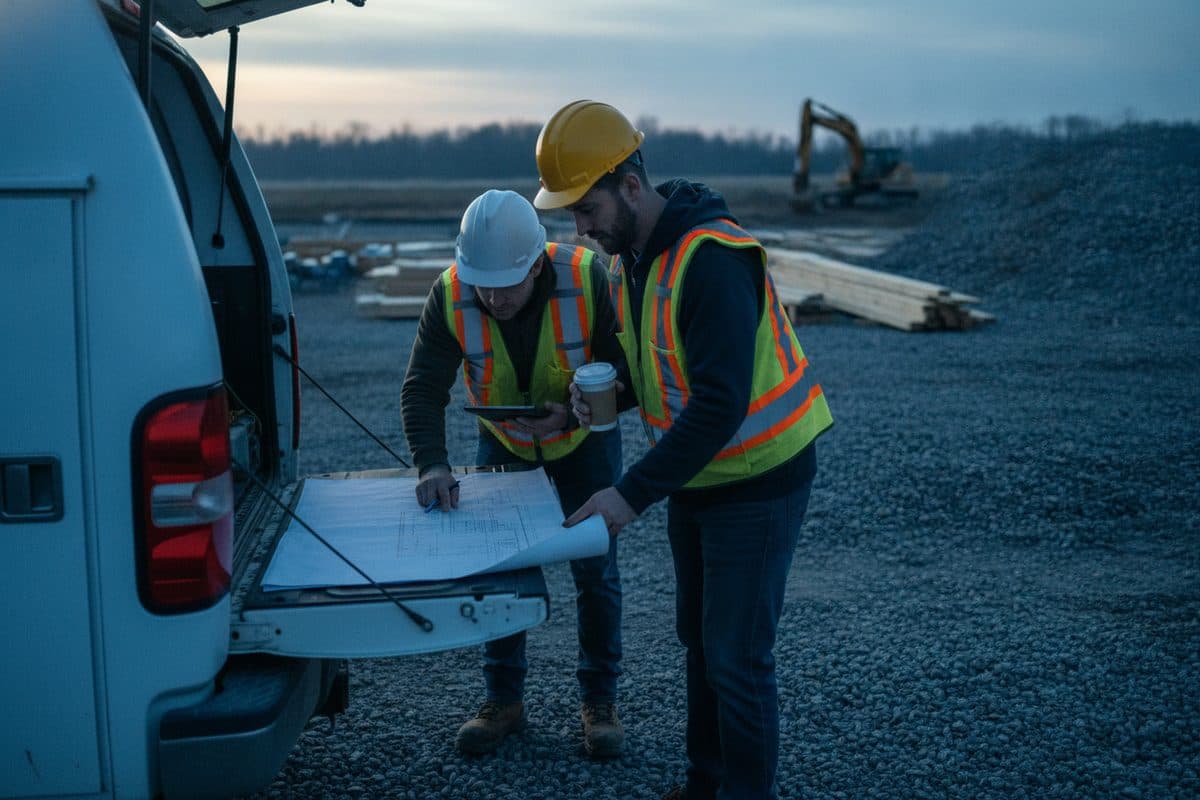 A small contractor crew gathered at the tailgate of a service truck reviewing paperwork at a jobsite.