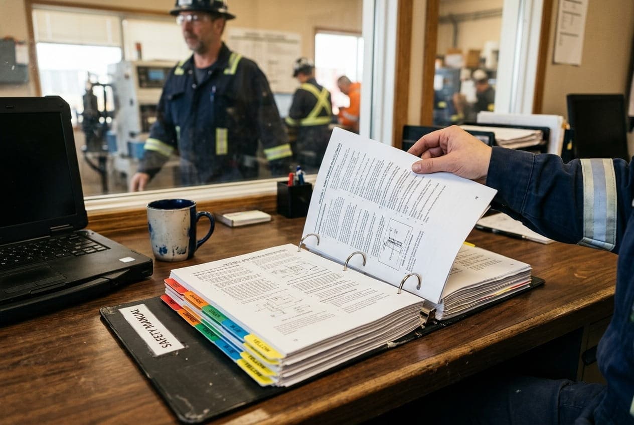 An up to date safety manual binder with index tabs on a desk, a hand turning a fresh page.
