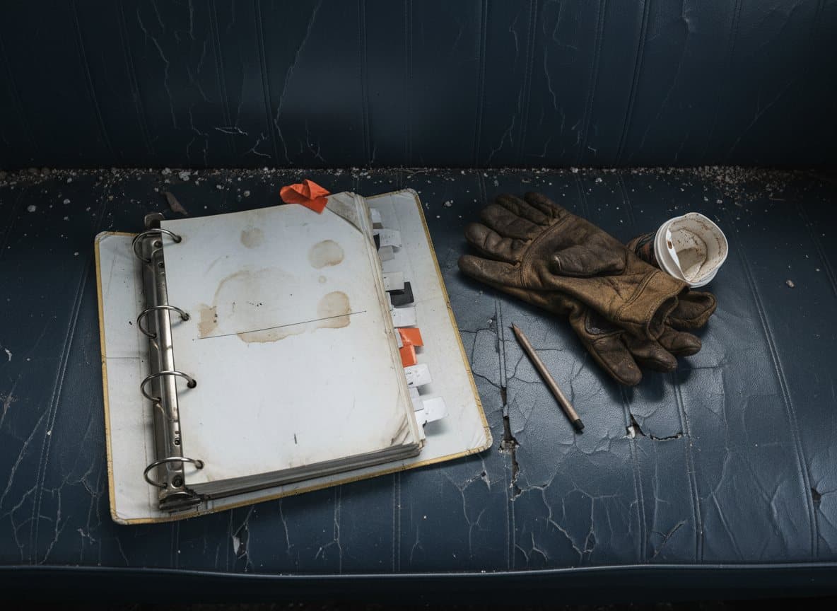 A worn safety binder open on a truck seat, pages curling at the corners