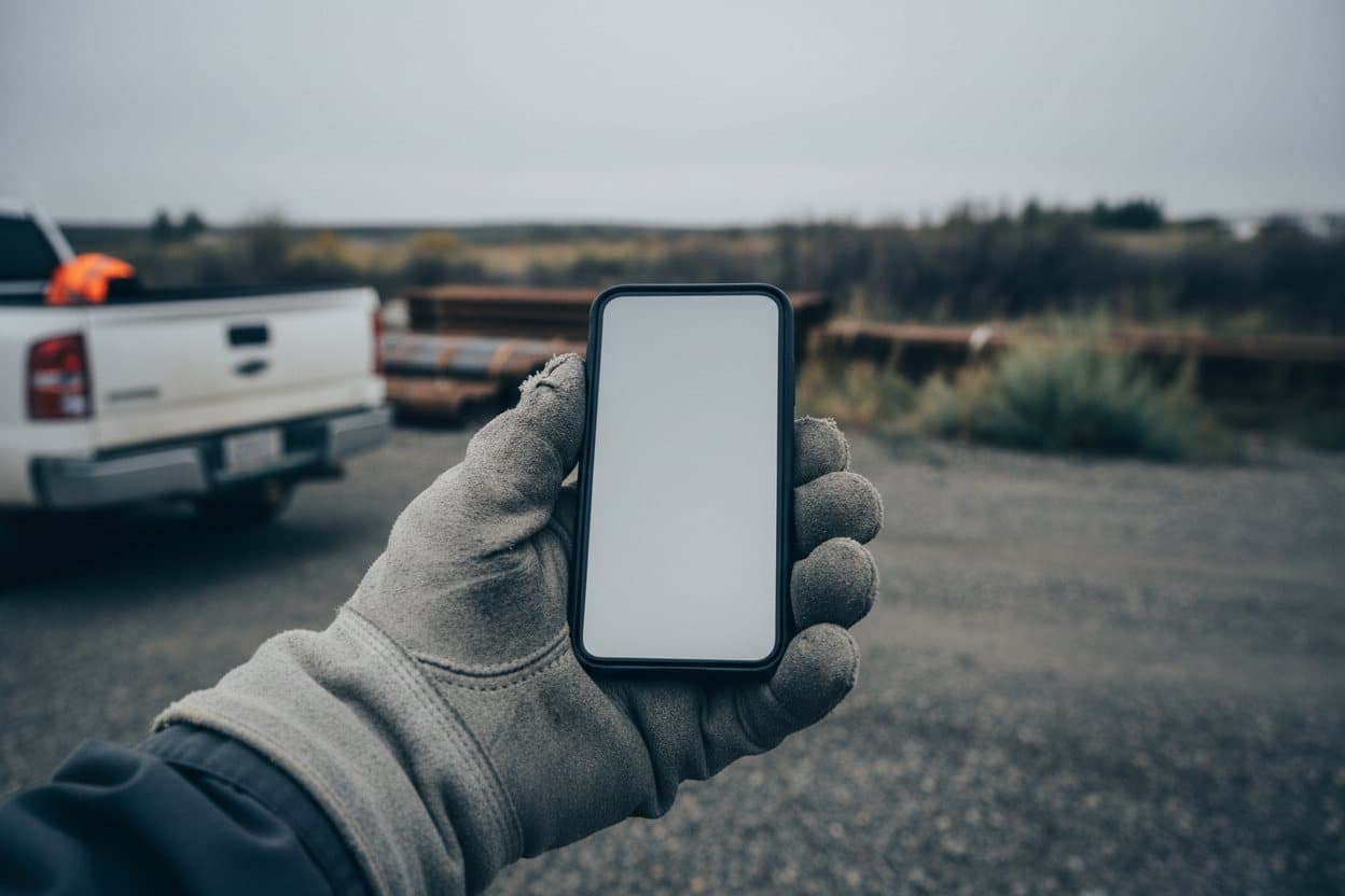 A gloved hand holding a phone at a work site, filling in a form