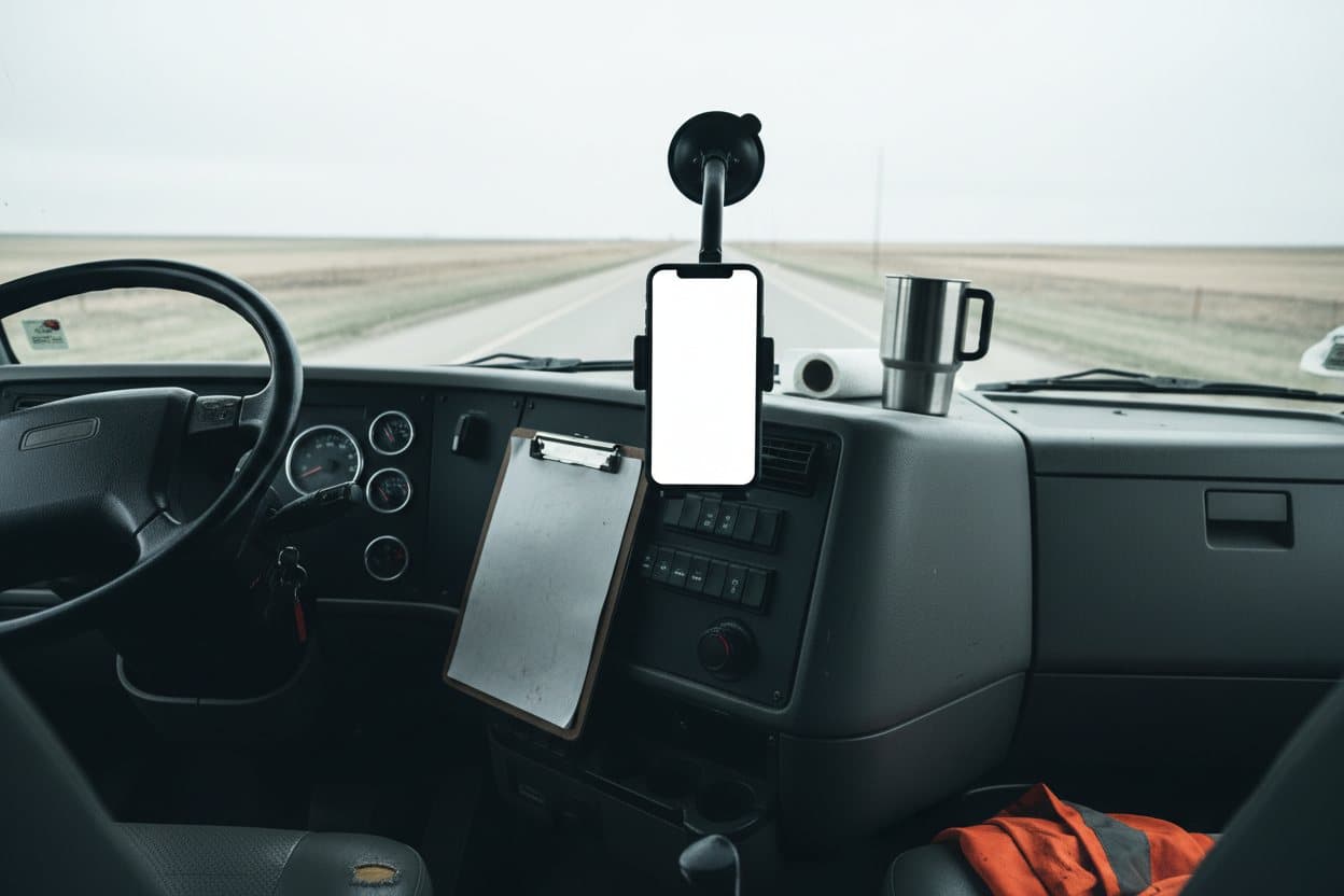 The interior of a work truck cab with a phone mounted on the dash