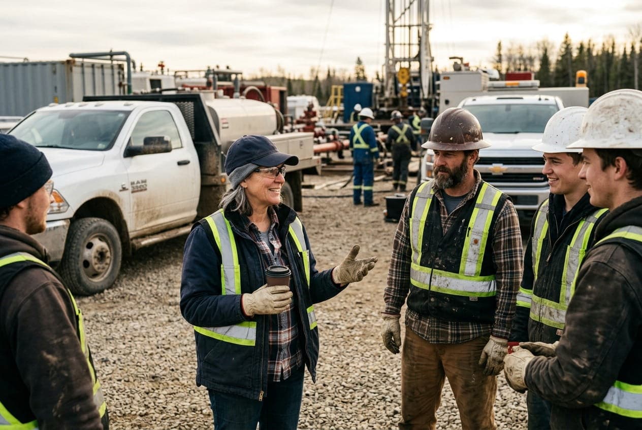 Experienced safety advisor in work clothes talking with a small crew at a Western Canadian industrial site.