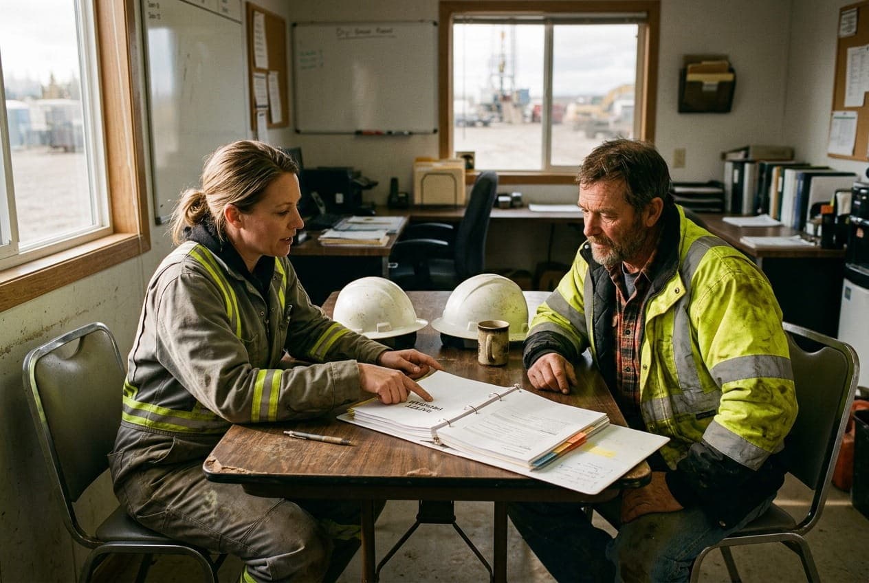 Safety consultant and contractor owner reviewing a printed safety program binder together in a site office.